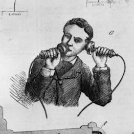 Old illustration of a young man using Bell's telephone invention